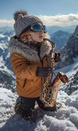 a young woman is playing a saxophone while sitting on the snow