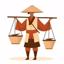 a man carrying two baskets on one side of his head