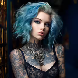 a young woman with a tattoo on her shoulder wearing blue hair,a woman with blue hair and a tattoo on