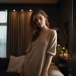 a young woman in a beige dress stands in a dark room with large windows