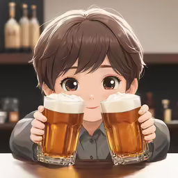 a man holding up two mugs of beer