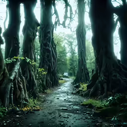 a dark path leads through trees that have butted root like trunks