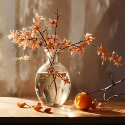 an arrangement of dry flowers and oranges on a table