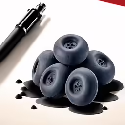 three blueberries sit on top of the spilled ink