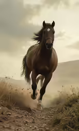 there is a brown horse running down a trail