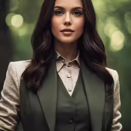 a beautiful woman in a green vest and a dress shirt