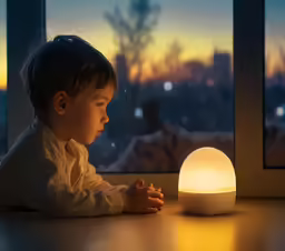 a boy sitting at a table and looking out of the window