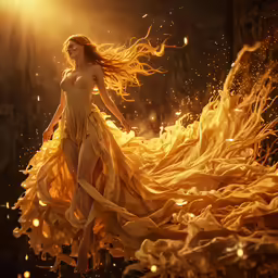 a woman dressed in yellow dancing with flowing feathers