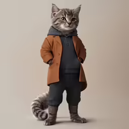 a grey and black cat wearing a brown coat