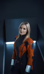 a woman in a black and orange suit