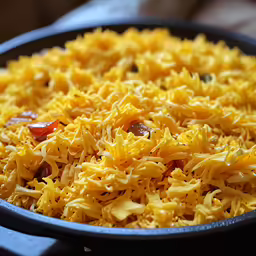 closeup of yellow shredded noodles in a pan