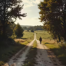 two people are walking down the dirt road