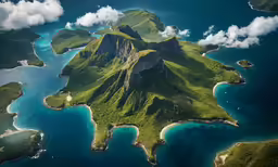 an island surrounded by water and clouds