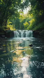 water fall through forested trees and above a small lake