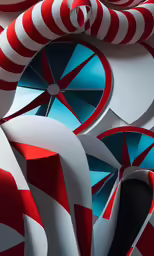 red and white artwork that resembles a large circular object