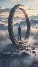 the man is standing in front of an artistic sculpture