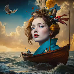 an artistic portrait of a woman sailing in a boat,a painting of a woman in a boat with a bird and clouds