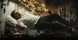 a young man laying down with his arms stretched out while looking at something on the wall