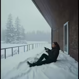 a woman in black jacket sitting on a porch holding a gun