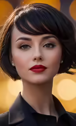 a woman with red lips and bangs in her face