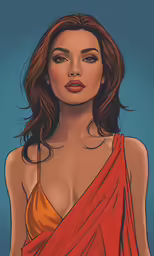 a woman wearing a red and orange dress