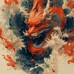 the dragon is being splashed with orange and white paint