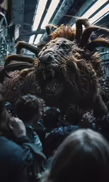 a crowd of people with a large animal in the middle