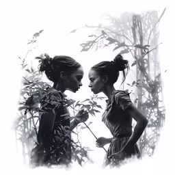 two young women are standing in front of each other