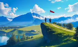 two people on top of the mountain hold a flag