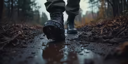 a person with a black boot walking in the rain