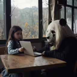 a young girl using a laptop computer while wearing a panda mask