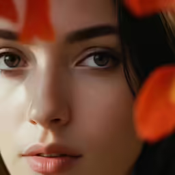 a woman is looking at the camera with orange petals around her