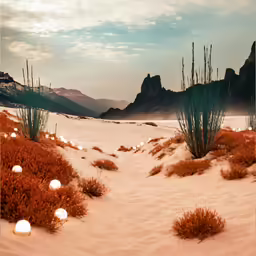 some snow covered plants and plants are in the sand