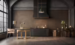 a dark colored kitchen has modern lighting and accessories