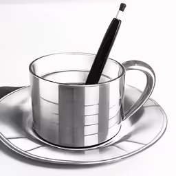 pencil in cup with saucer and plate on white background