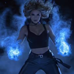 a beautiful young woman standing in a smoke and flames