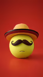 an emoticive smiley face with a mustache wearing a straw hat