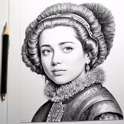 a drawing of a woman wearing a hairdoe and a black jacket