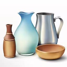 several vases with a bowl in front of them