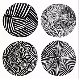 four different designs with black and white shapes,the four designs are all overlapping, and the circular is black