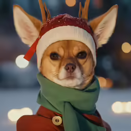the chihuahua dog in a sweater and hat is outside