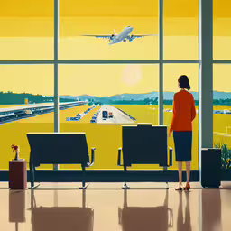 the airport is empty but there are people standing in the waiting area,the woman is looking out of a window at an airport