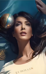 a beautiful woman standing under water with her hair blowing in the wind