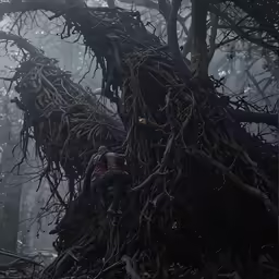 two people are climbing up the root on a tree