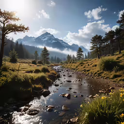 the sun shines on mountains and stream
