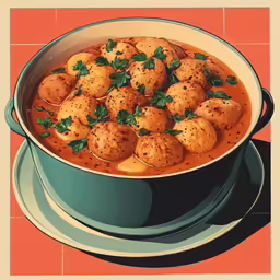 the pot of soup has a bunch of balls in it