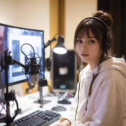 a woman sitting in front of a computer with headphones on
