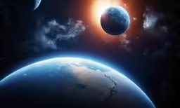a view of the sun, planets and earth through outer space