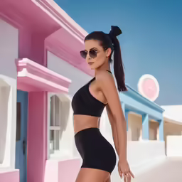 a woman in high waist shorts and black bikini top