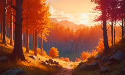 a wooded trail with a path in it leads to mountains, trees, and other rocks,a scene with fall foliage, rocks and trees